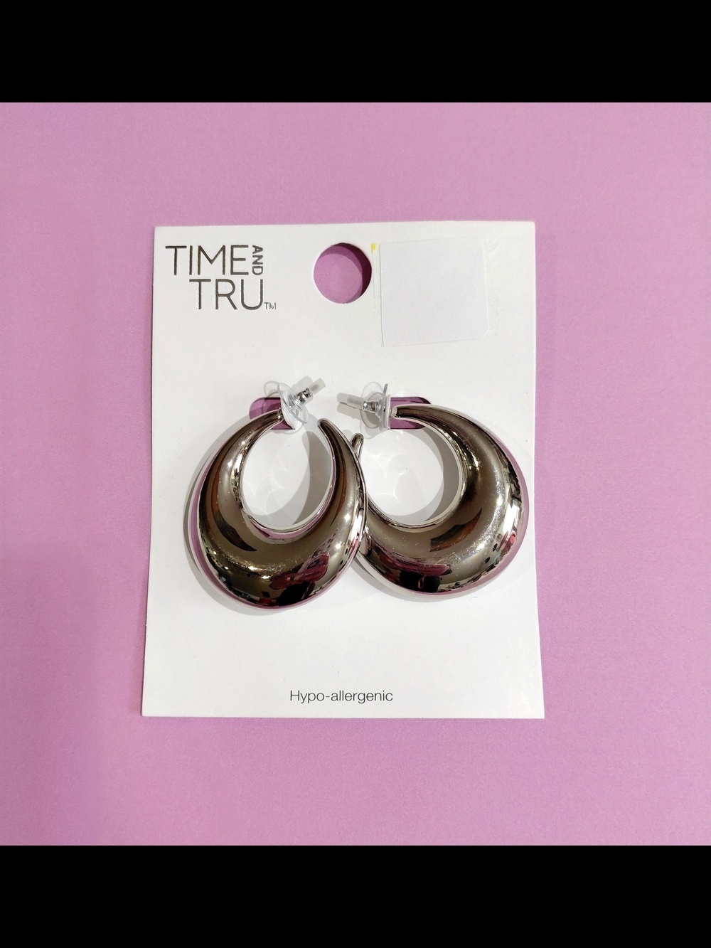 New Time and Tru New Big Shiny Silver Chunky Crescent Hoop Earrings